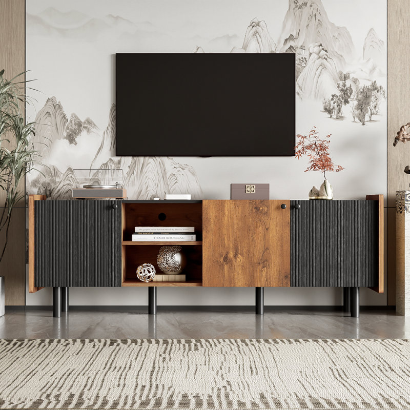 Mid Century TV Stand with 3 Cabinets, Media Console Table for TVs up to 70'', Black/Brown