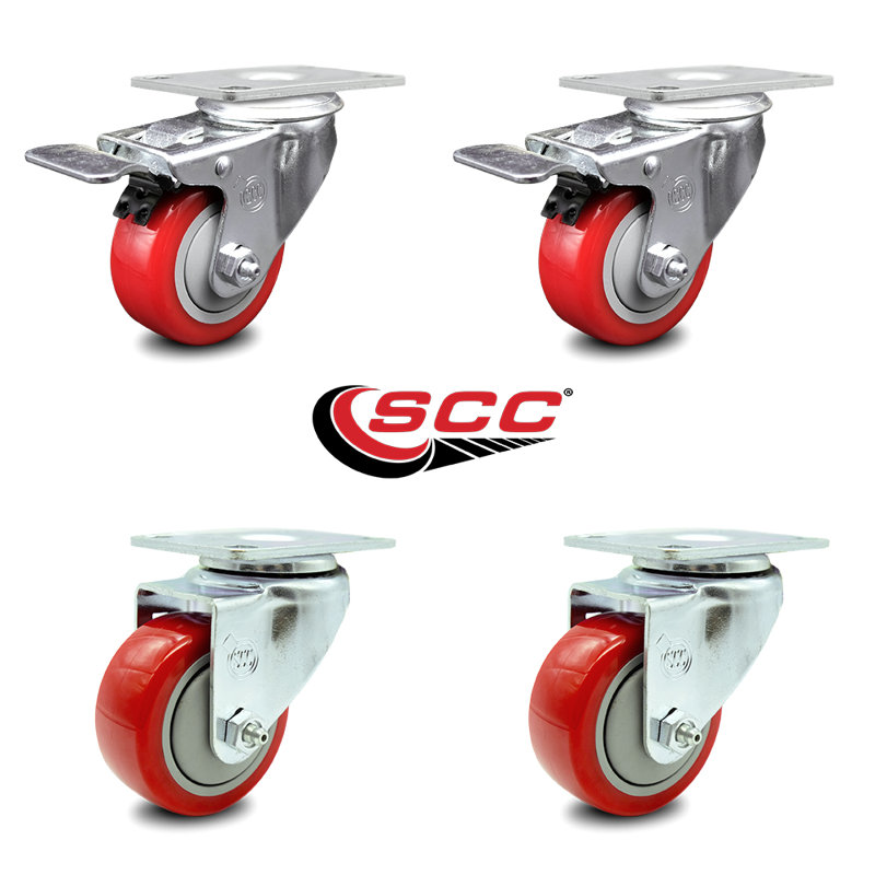 3.5 Inch Polyurethane Wheel Swivel Top Plate Caster Set 2 Total Lock Brake, Rouge