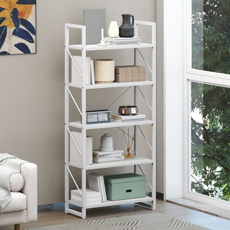  5-Tier Industrial Bookshelf, White Freestanding Bookcase With Metal Frame, Open Display Storage Shelf, White