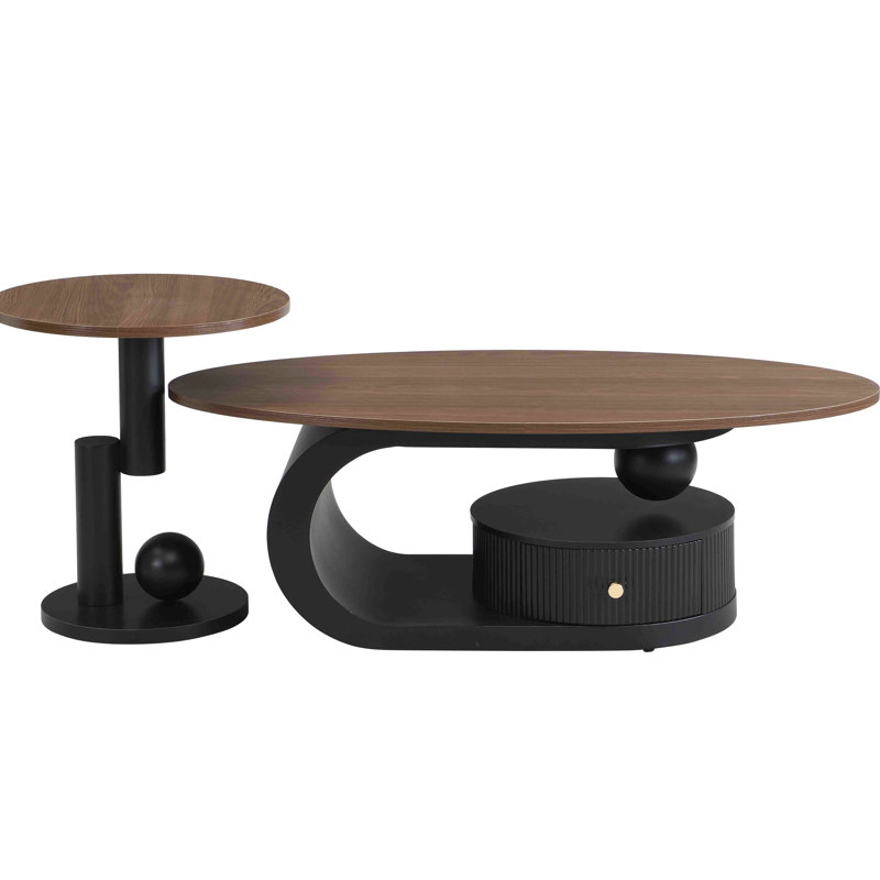 Tables basses gigognes 2 pièces noires et brunes pour le salon, ovales 47,24 po rondes 19,69 po, stable de luxe avec espace de rangement principal, construction, patins