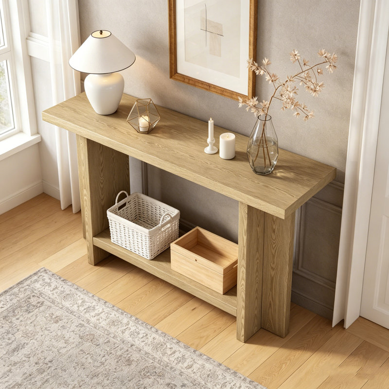 60 Inch Ash Veneer Console Table With T-Legs & Dual Shelves For Living Room, Natural