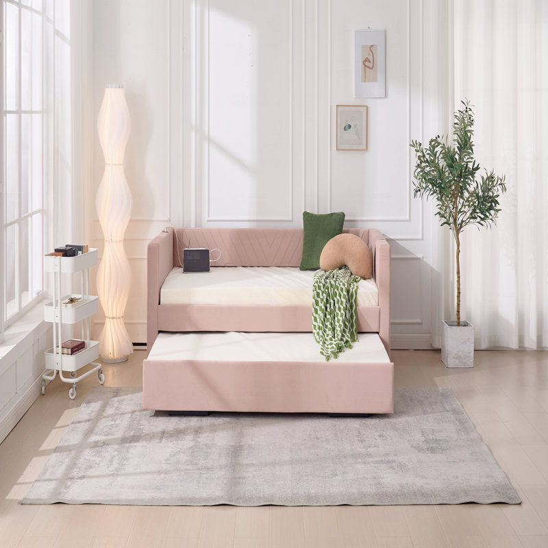 Upholstered Trundle Daybed, Twin Size,USB Port,Side Pockets, Modern V-Grained Backrest Design,No Box Spring Needed, Pink