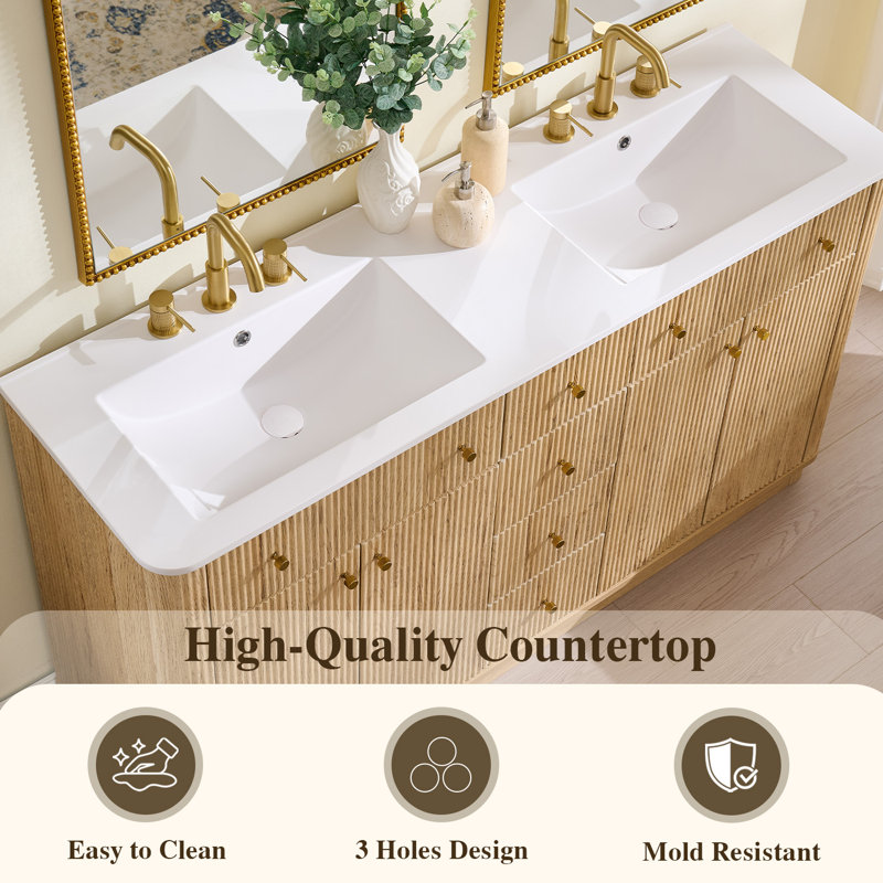 60'' Double Bathroom Vanity With Engineered Stone Top Without Mirror, Natural Oak