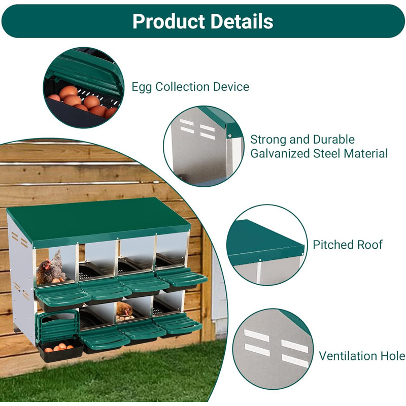 Nesting Boxes For Chickens, Chicken Nesting Box, Roll Away Nesting Box, Chicken Laying Boxes, Nesting Box For Hens With Lid Cover For Chicken Coop, 8 Compartments, Green