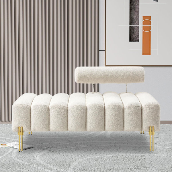 55 White End of Bed Bench, Modern Faux Fur Upholstered Ottoman Bench Seat  with Gold Legs, Fuzzy Long Bench for Bedroom Living Room Foyer Indoor