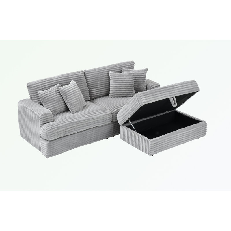 Causeuse moderne en velours côtelé avec repose-pieds avec rangement, Gris