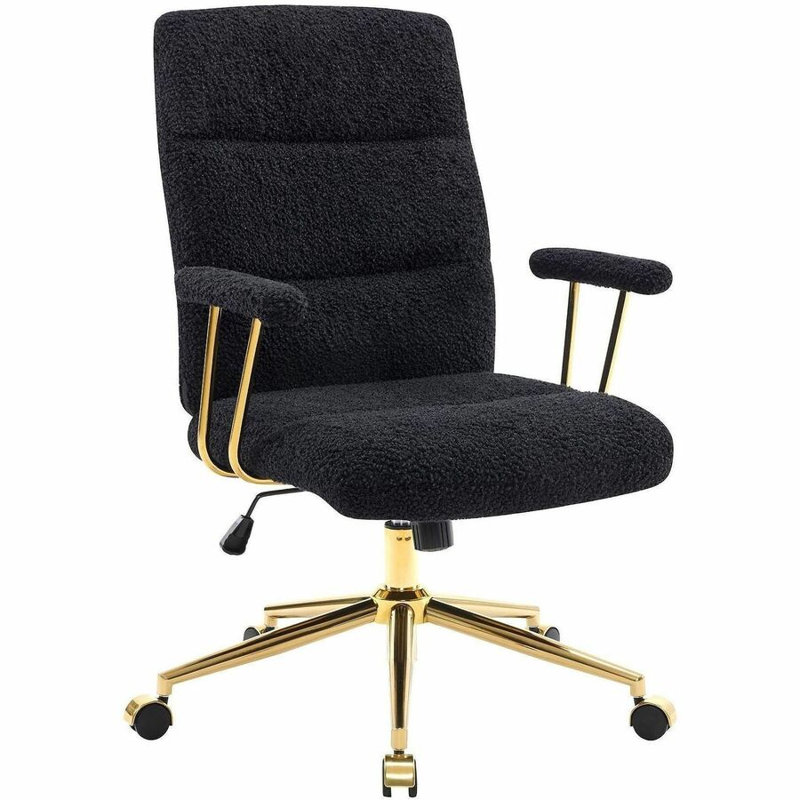 Chaise de bureau Techni Mobili en boucle texturée - Assise noire - Matériel du siège : peluche et mousse - Dossier noir - Matériel du dossier : mousse et peluche - Piètement à 5 branches - Doré et noir - Nylon - Accoudoirs - 1 unité