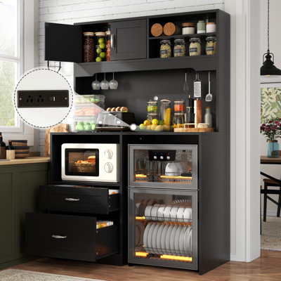 Tall Storage Cabinet With Fridge Space,fridge Cabinet With Charging Station,large Kitchen Pantry Cabinet With Wine Glass Holder And Drawers,kitchen Hu