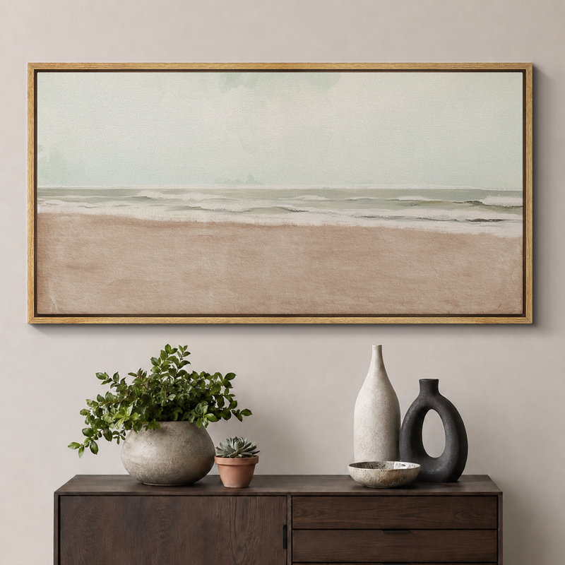 «Coastal Beach Serene Shoreline Abstract Beach», reproduction sur toile encadrée, H 30 po x l 60 po, Naturel