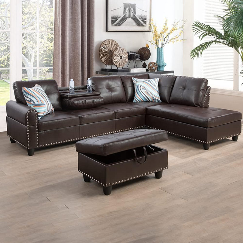 3-piece Synthetic Leather Sectional Sofa, Brown Faux Leather
