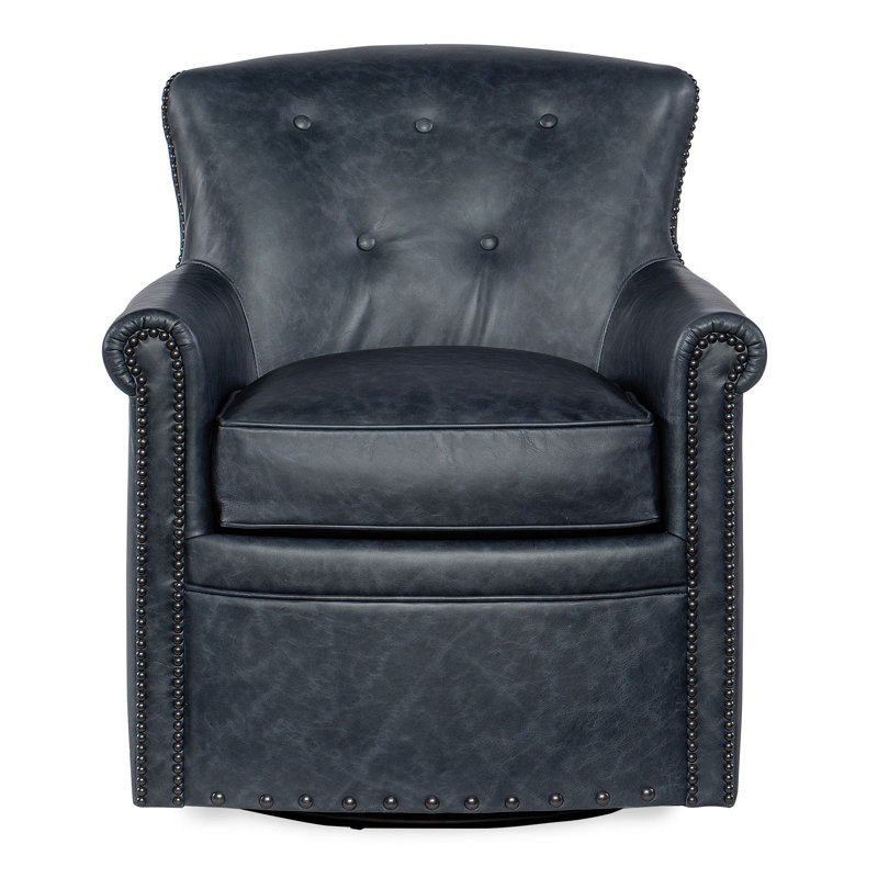 Blue Leather Swivel Accent Chair with Wood Frame