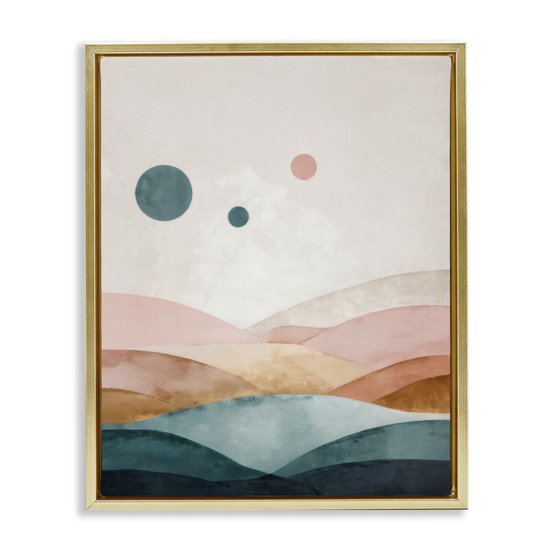 "Spheres Above Desert", art mural par Denise Dundon, H 31 po x l 25 po, Cadre flottant métallique doré