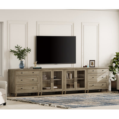 Meuble télé Scarlett pour téléviseur de 105 po ou moins, console en bois pour téléviseur de 65 à 90 po, centre de divertissement avec porte et tiroir en verre, buffet pour la salle à manger
