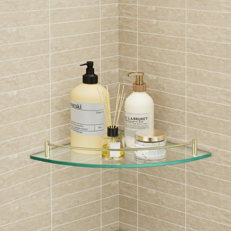 Tempered Glass Corner Bathroom Shelf With Rail Stainless Steel Wall Mount Brackets Polished Finish, Gold