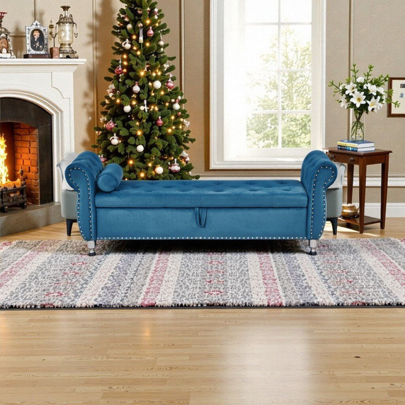 Banc de rangement avec repose-pieds en velours avec boutons en cristal, structure en bois et pieds en métal, Bleu