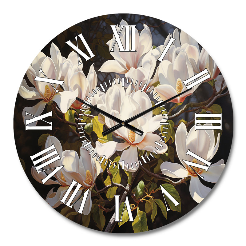 Horloge murale blanche blanche jaune Magnolias, Médium