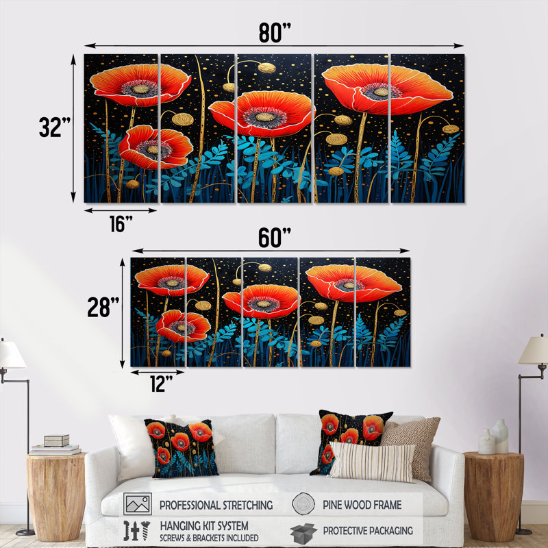 Torquay - Art mural coquelicot 5 pièces, H 32 po x l 80 po