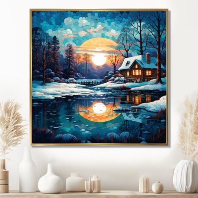 «Winter Cottage Blue Snow Sunset Forest - Winter Landscape», reproduction d'art mural