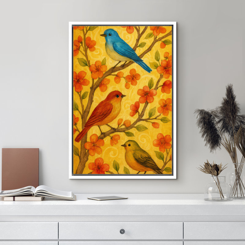 «Colorful Songbirds on Spring Blossoms» sur fond jaune chaleureux - reproduction d'art sur toile encadrée