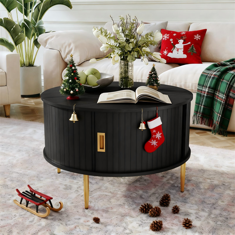 Mid Century Modern Round Coffee Table With Storage and Tambour Door, Black