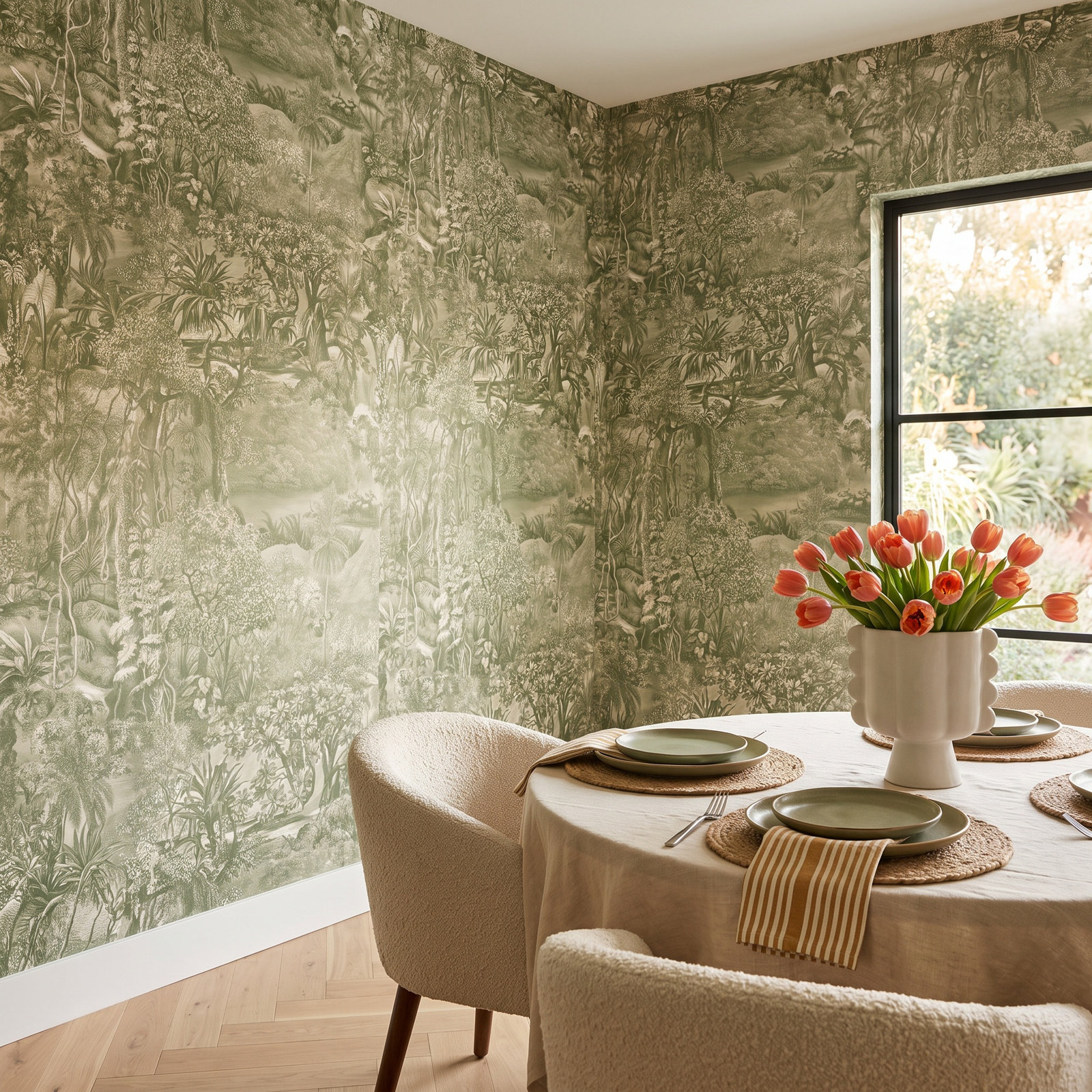 Akikazu Self-Adhesive Wallpaper Roll, 16.5" L x 20.5" W, Moss Green Toile