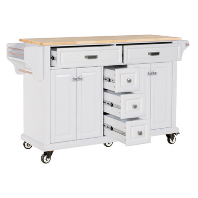 Kitchen Island With Rubber Wood Countertop, Kitchen Cart On 5 Wheels With Storage Cabinet And 5 Drawers For Dinning Room