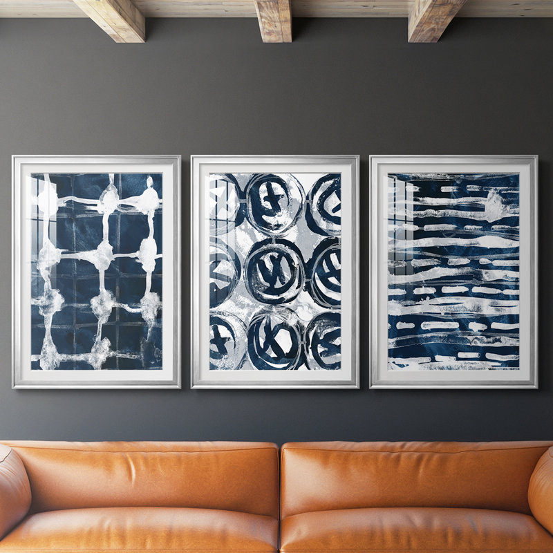Indigo Memory I - reproduction sur mesure encadrée de qualité supérieure mate - 3 pièces, H 21 po x l 30 po, Argent argent