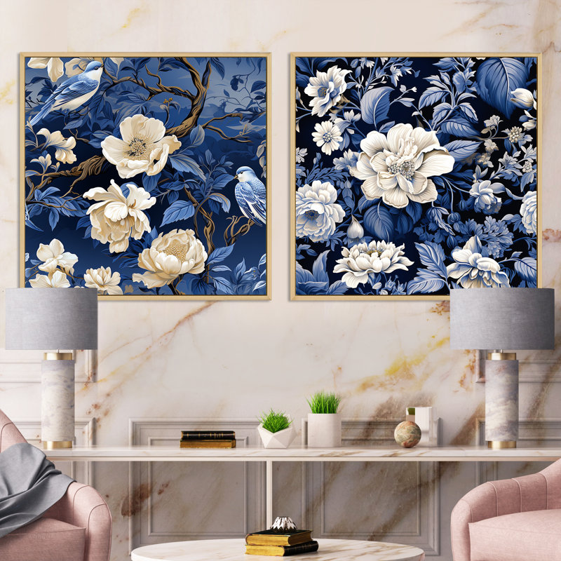 Matteo - Ensemble de 2 collages floraux carrés, Cadre flottant brun, H 36 po x l 73 po