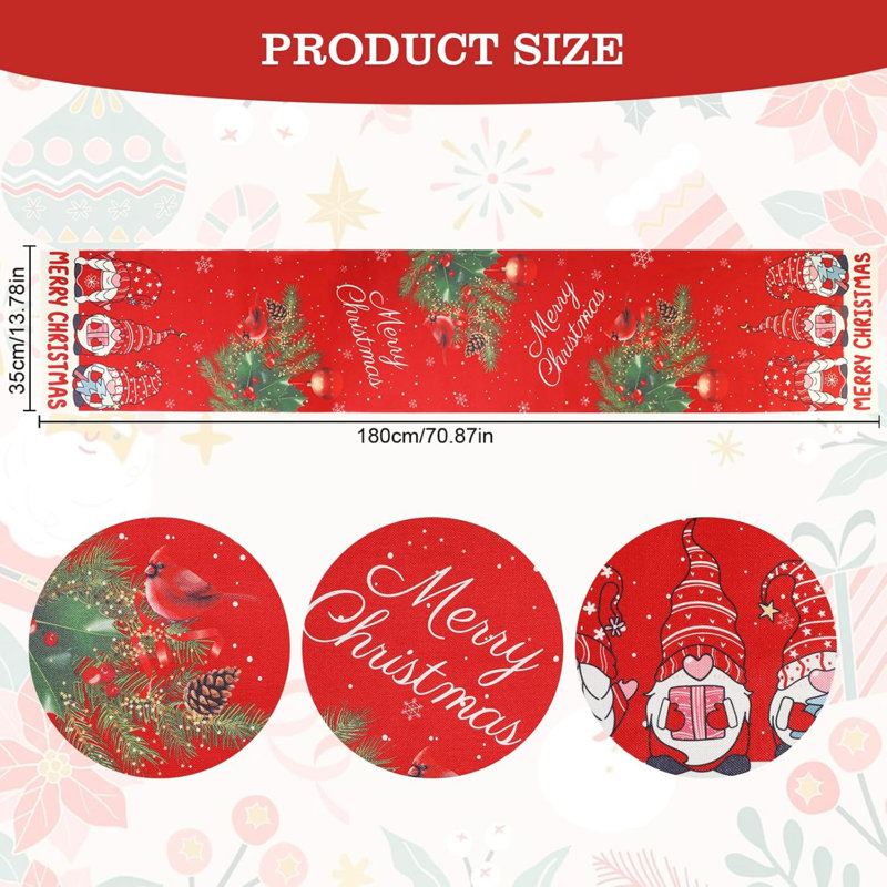 Gnomes Christmas Birds Holly Table Runner, Linen Merry Christmas Table Runner, Red Seasonal Winter Holiday Kitchen Dining Table Decoration for Indoor Outdoor Home Party Christmas Decor, 14" x 72"