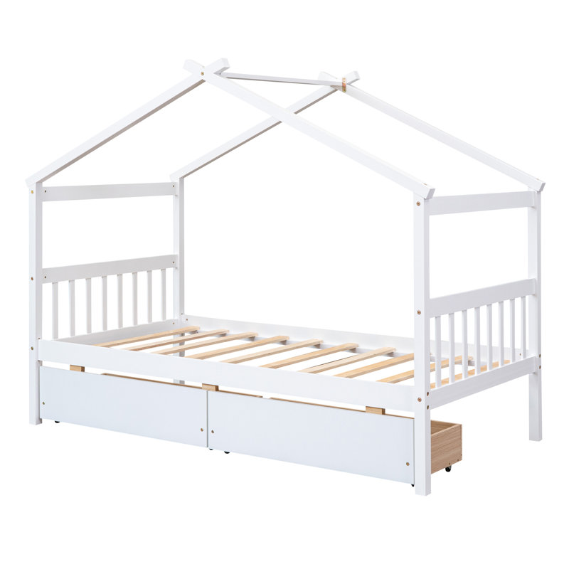 Lit maison en bois avec tiroirs, naturel, Simple, Blanc