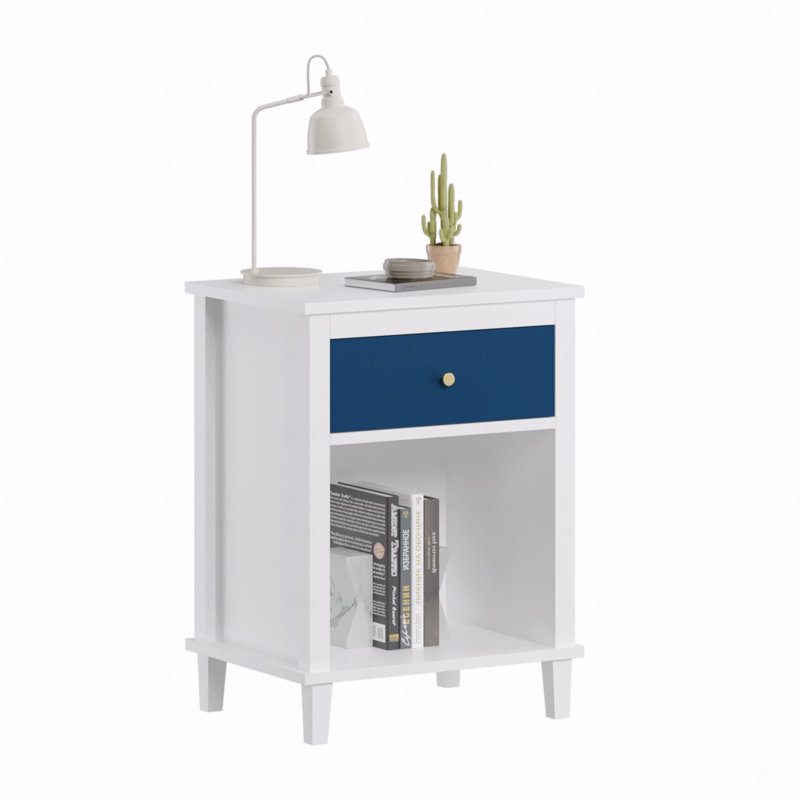 26.77''H Wooden Nightstand  With One Drawer One Shelf For Kids, Adults, Navy+Golden Handle, White/Navy