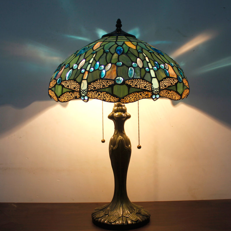 Sea Blue Stained Glass Dragonfly Table Lamp with Antique Bronze Base