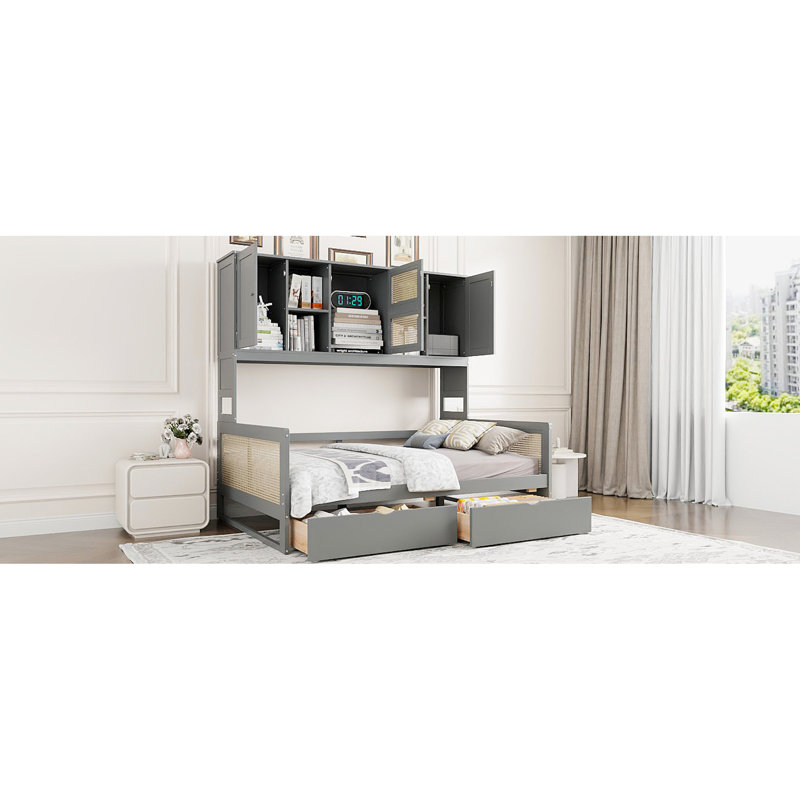 Lit de jour en bois gris avec 2 tiroirs pratiques et 1 armoire de rangement
