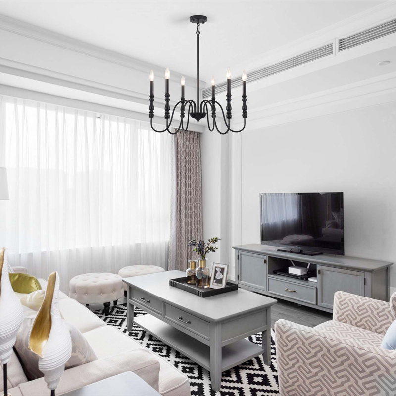 6-Light Dimmable Candle Chandelier, Classic Black Iron Farmhouse Pendant with Curved Arms for Dining Room Kitchen Island Bedroom