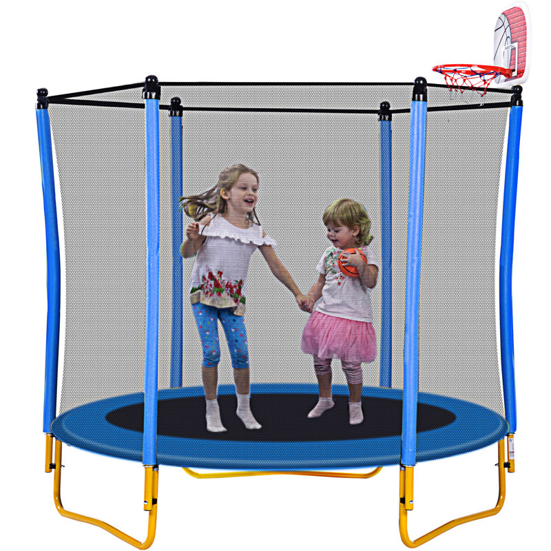 65'' Blue Kids' Trampoline with Enclosure and Basketball Hoop
