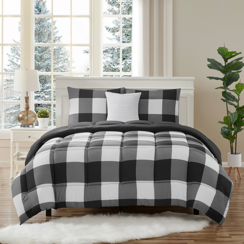 Ensemble d'édredon, de taies décoratives et de coussins décoratifs avec motif à gros carreaux imprimé de quatre articles