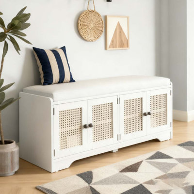 Storage Bench Multifunctional Wood Entryway Shoe Bench with Removable Cushion, Woven Rattan Doors & Adjustable Shelves