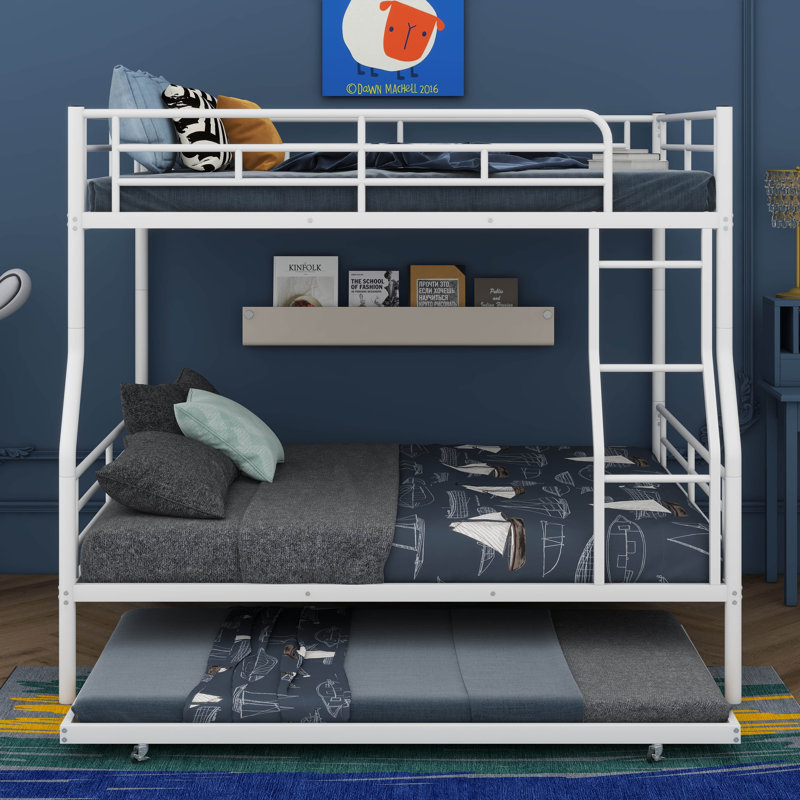 Full XL Over Queen Size Metal Bunk Bed With Underbed Trundle Option, White