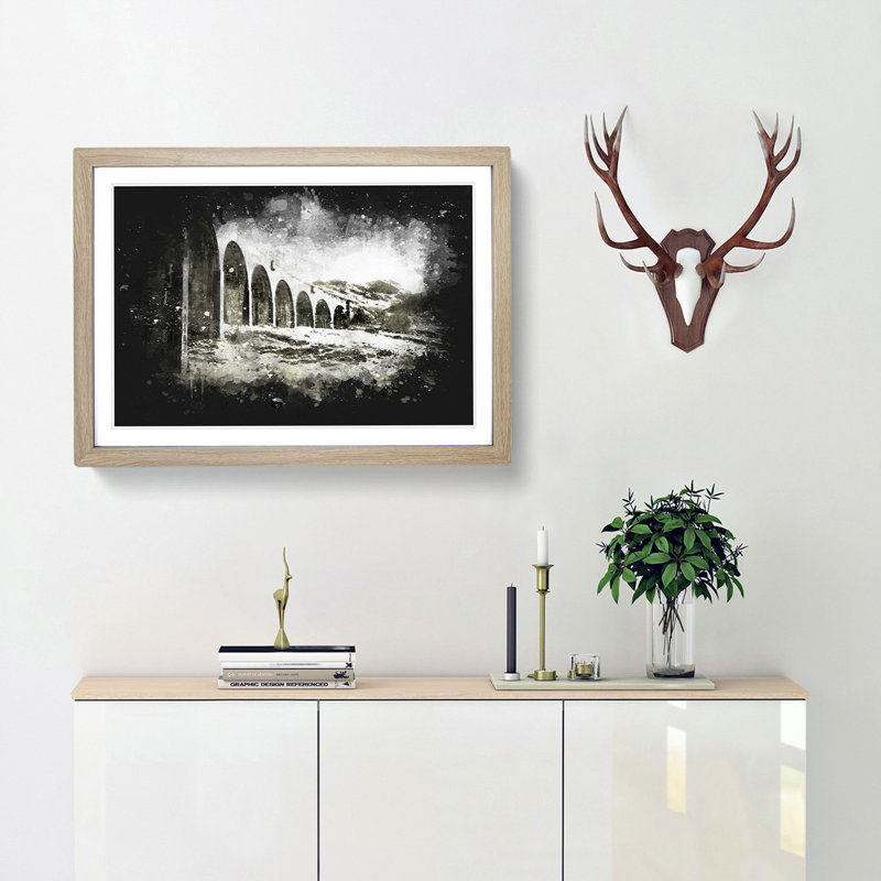 Glenfinnan Viaduct in Scotland - Picture Frame Graphic Art Print, 33cm H x 45cm W x 2cm D, Oak Framed