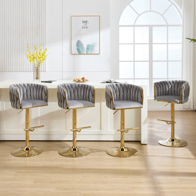 Ensemble de 4 tabourets de bar pivotants 360 ° en velours, tabouret de bar moderne à hauteur réglable avec dossier tissé, pour îlot de cuisine