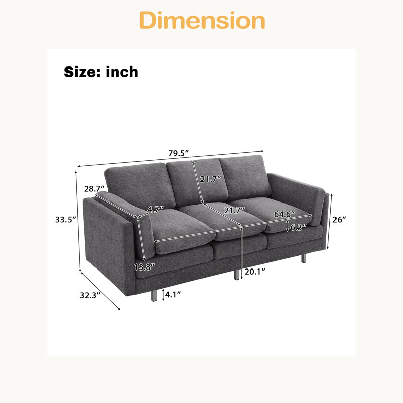 Canapé 3 places 79,5 po Modern, Gris