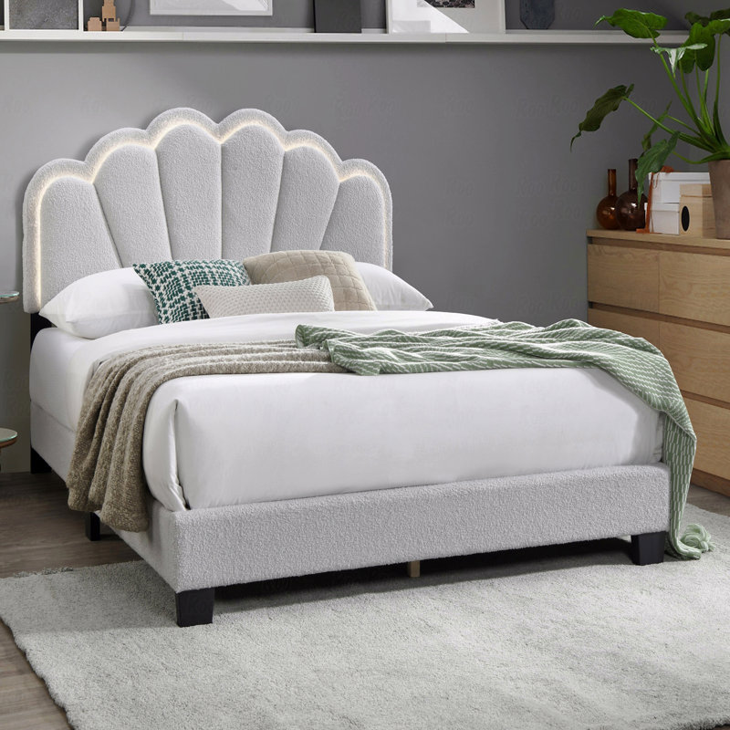 Cadre de lit plateforme tapissier en laine grand DEL, motif floral, Blanc