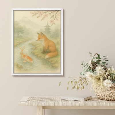 Framed Wall Art Print - Fox and Koi in Japanese Garden Scene, Storybook Watercolor Animal Art for Nurseries or Zen Spaces