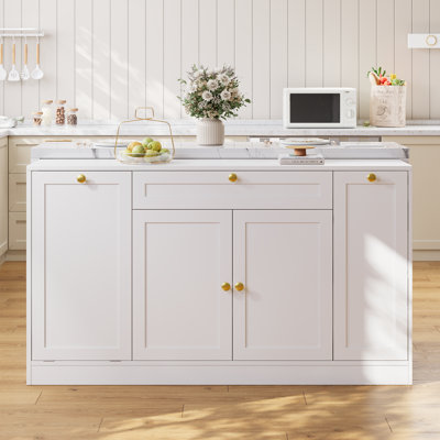 63" Wide Kitchen Island With Power Outlet & Trash Can Cabinet, Kitchen Cabinet With Pull-Out Spice Rack