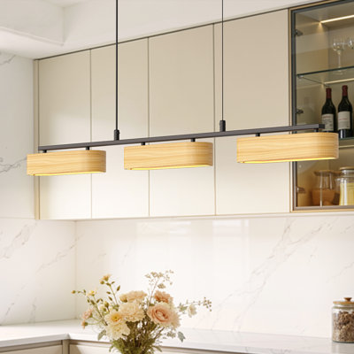 37.6In. 3 - Light Farmhouse Kitchen Island Pendant Lighting, LED Linear Pendant For Dining Room