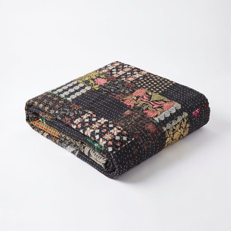 Advika Handmade Kantha Cotton Throw Blanket, Black