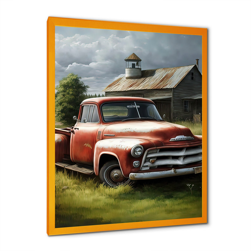 «Orange Vintage Truck at the Barn», reproduction sur toile, Encadrement doré, H 32 po x l 24 po x P 1 po