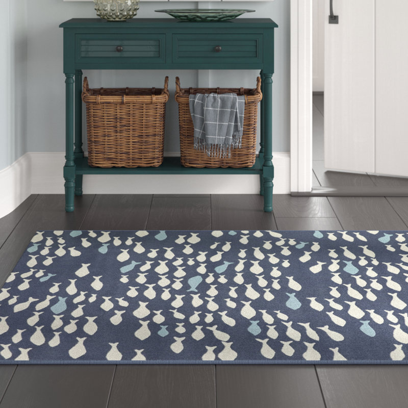 Tapis tissé à plat bleu marine / crème Neston, Rectangle 5 pi 3 po x 7 pi