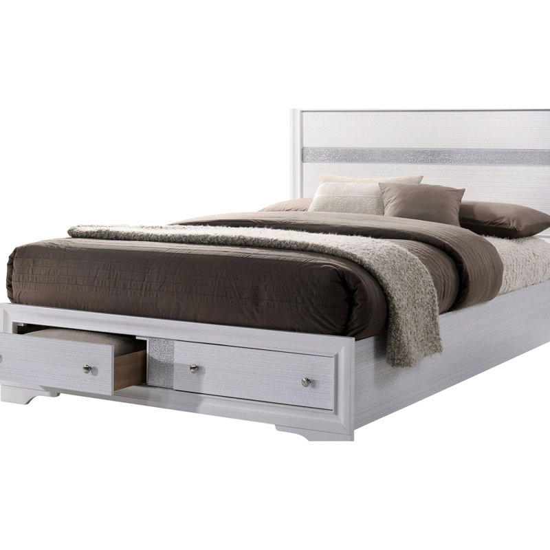 Lit très grand lit contemporain avec tête de lit à panneau blanc et commode avec tiroirs de rangement Modern, White