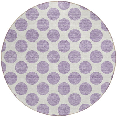 8' Lavender And Ivory Round Polka Dot Washable Indoor Outdoor Area Rug